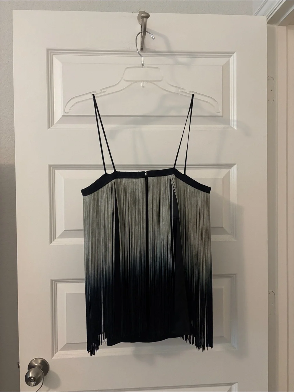 VTG Foley + Corinna Sea moss Ombré Black Spaghetti Strap Fringe Top SZ SM Silk